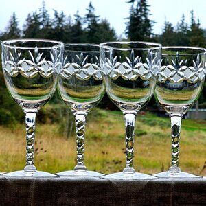 Diamond Cut Wine Glasses 7" crosshatch fan stemware vintage glassware vintage